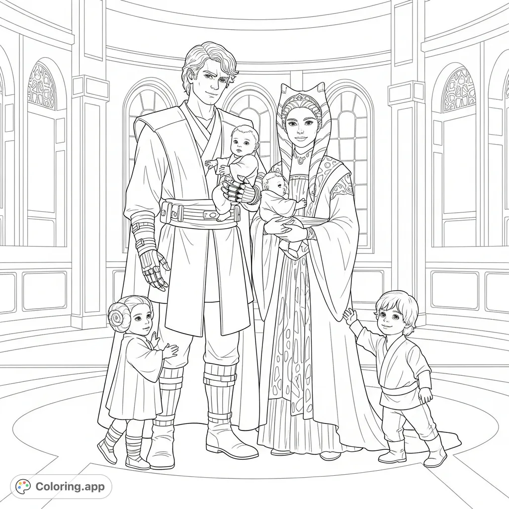 A heartwarming scene featuring Anakin and Padme Skywalker with baby Leia and young Luke, captured in a grand chamber with intricate architectural details.