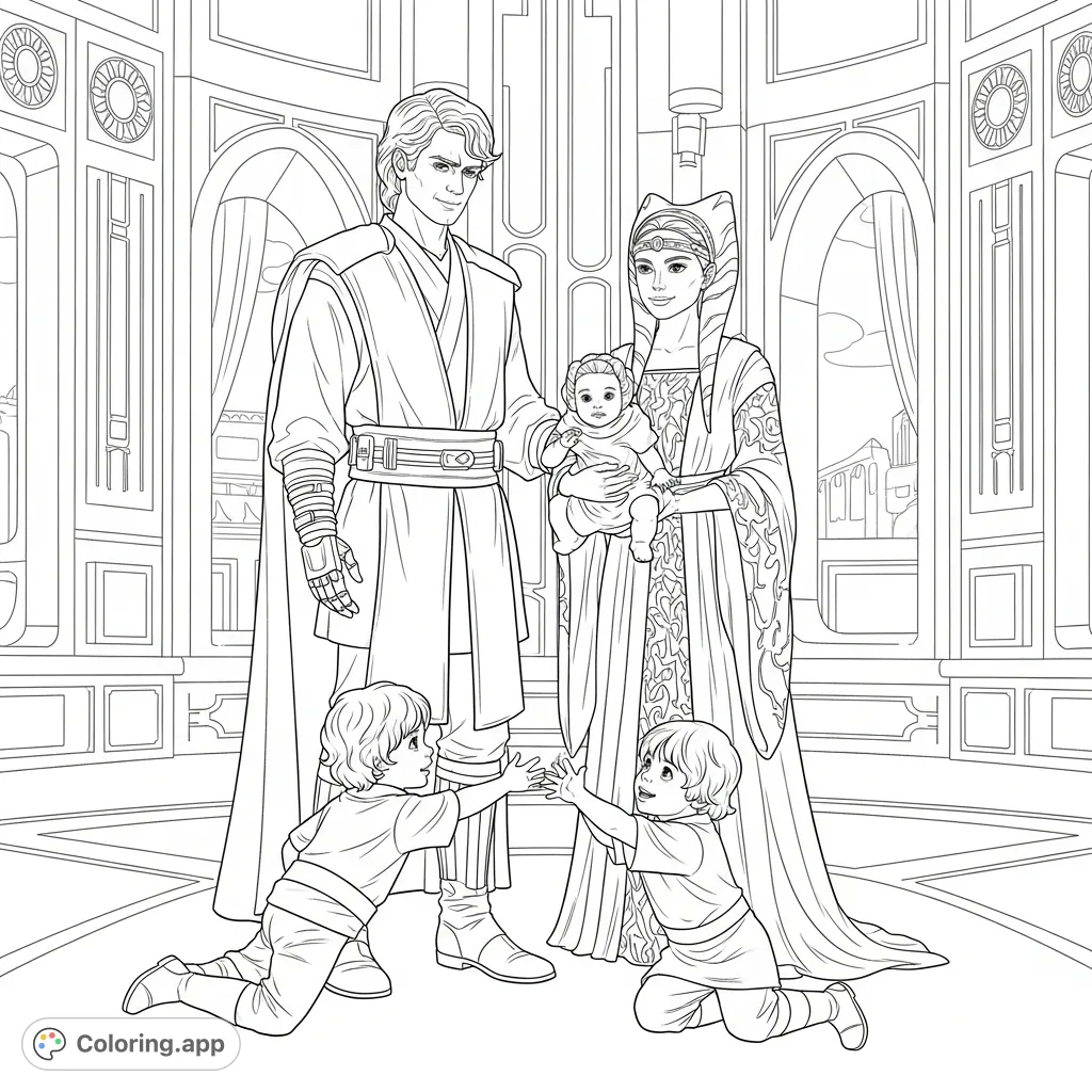 A heartfelt Star Wars family coloring page featuring Anakin, Padme, baby Leia, and young Luke in a grand chamber, perfect for fans of all ages.