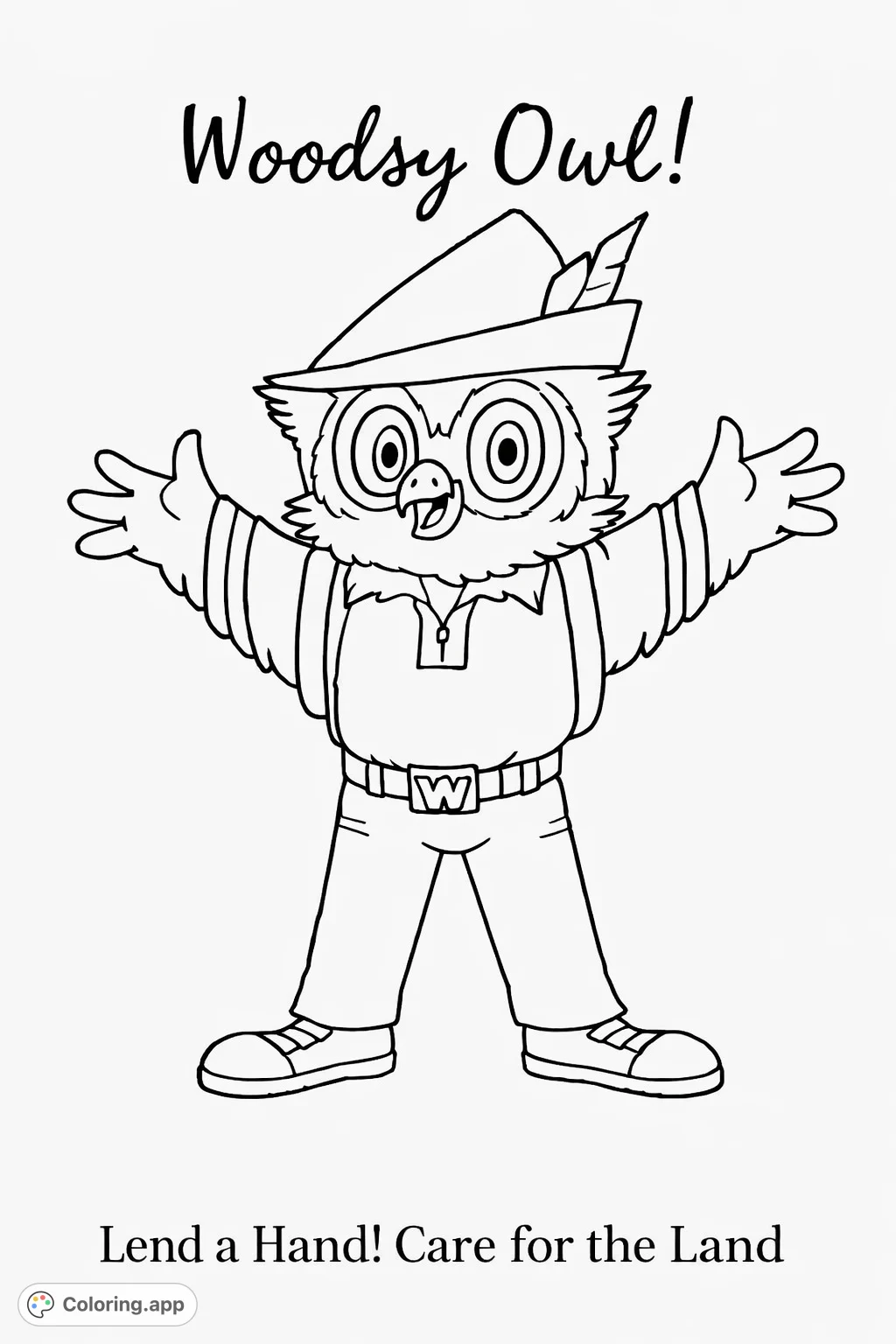 A beloved owl character, wearing a hat and overalls, stands with open arms. Perfect for young nature enthusiasts and promoting environmental awareness.