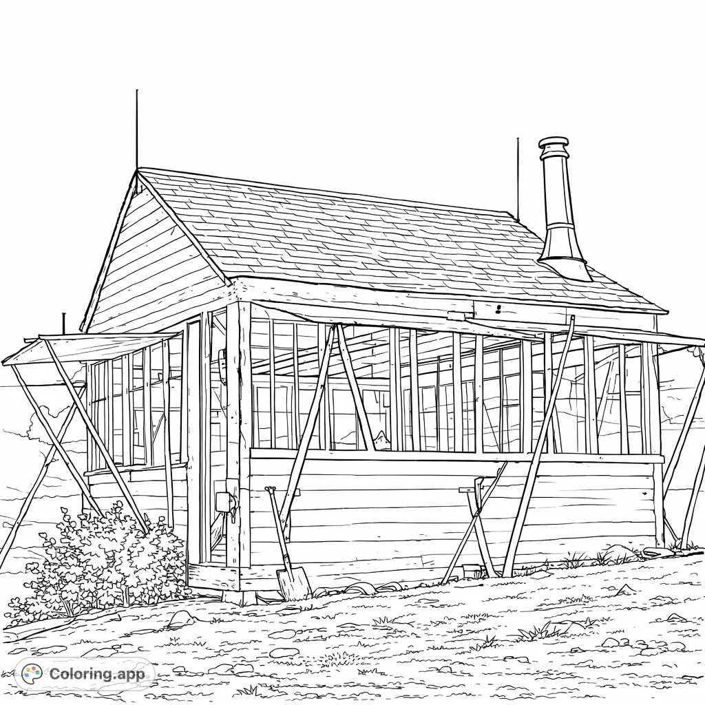 Color a rustic fire lookout tower perched on a hill, featuring detailed windows, a shingled roof, and a prominent chimney. Perfect for architectural detail enthusiasts.