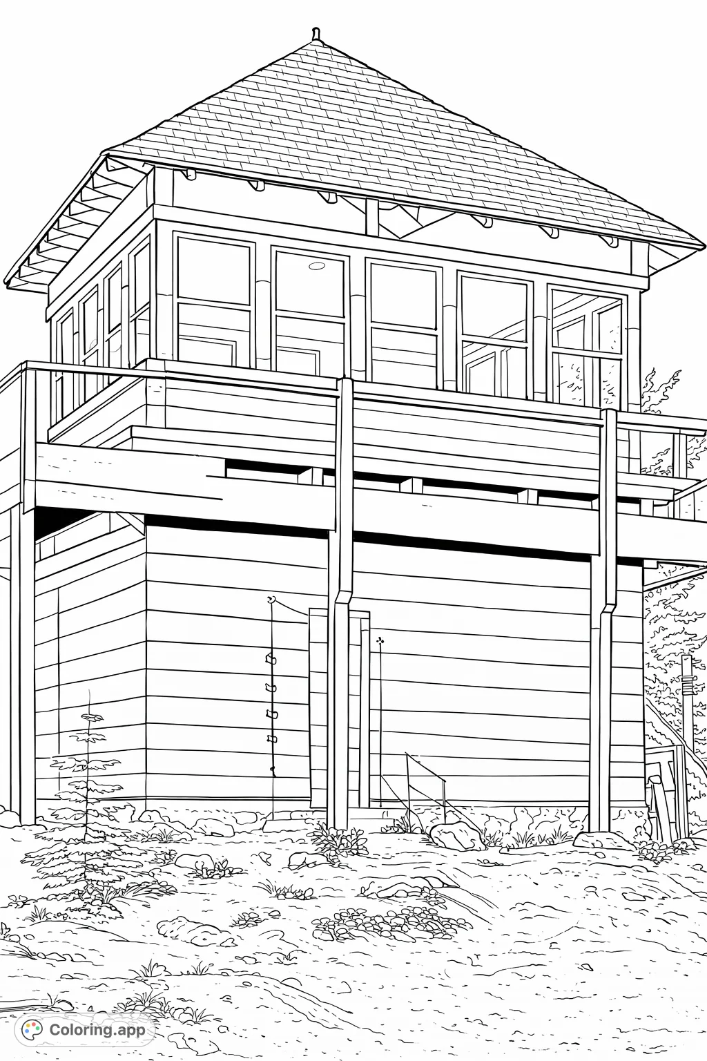 Explore a detailed fire lookout tower coloring page, featuring intricate windows, shingled roof, and a sturdy structure amidst a natural, rocky landscape.