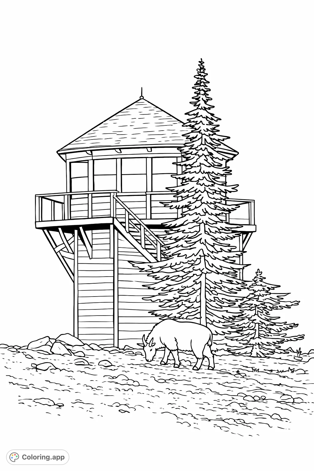 Discover a serene mountain scene featuring a rugged lookout tower, a tall evergreen, and a peaceful mountain goat grazing on a rocky slope under a cloud-patterned sky.