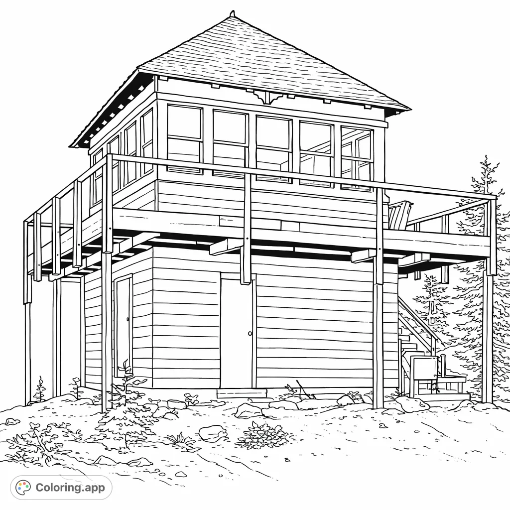 Explore a detailed fire lookout tower atop a rugged mountain. This architectural scene offers intricate lines for a satisfying coloring experience, perfect for nature enthusiasts.