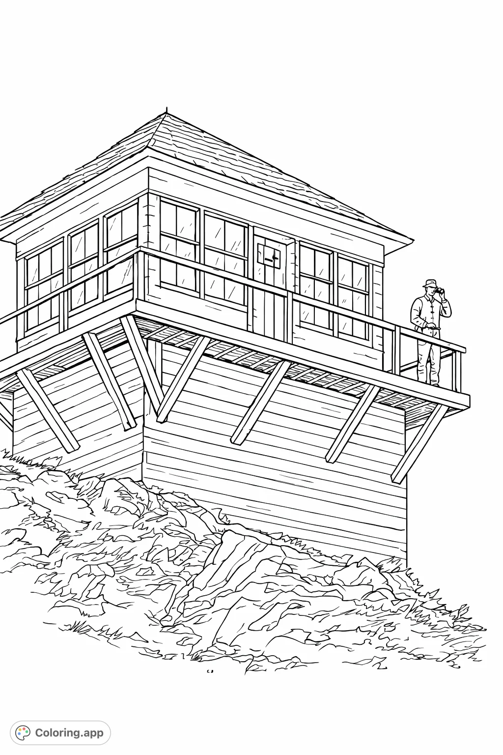 Color a detailed forest lookout tower perched on a rocky mountain, featuring a person on the balcony. Perfect for nature and architecture enthusiasts.
