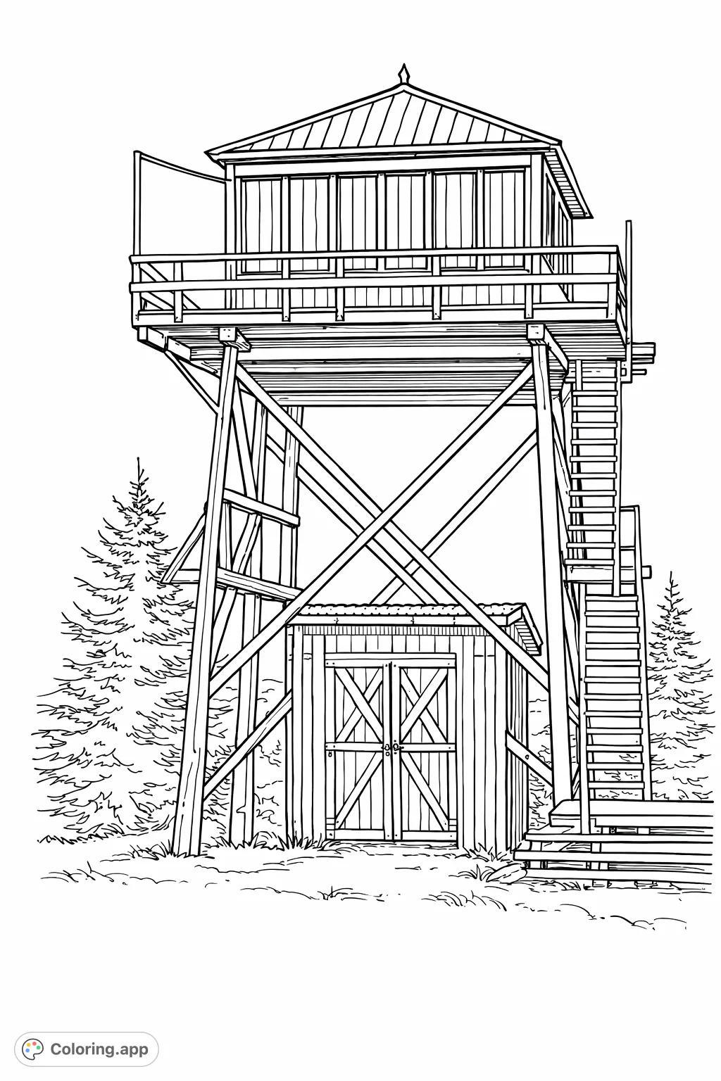 Discover a detailed fire lookout tower coloring page. This intricate design features a towering wooden structure, offering a challenging and rewarding creative experience.