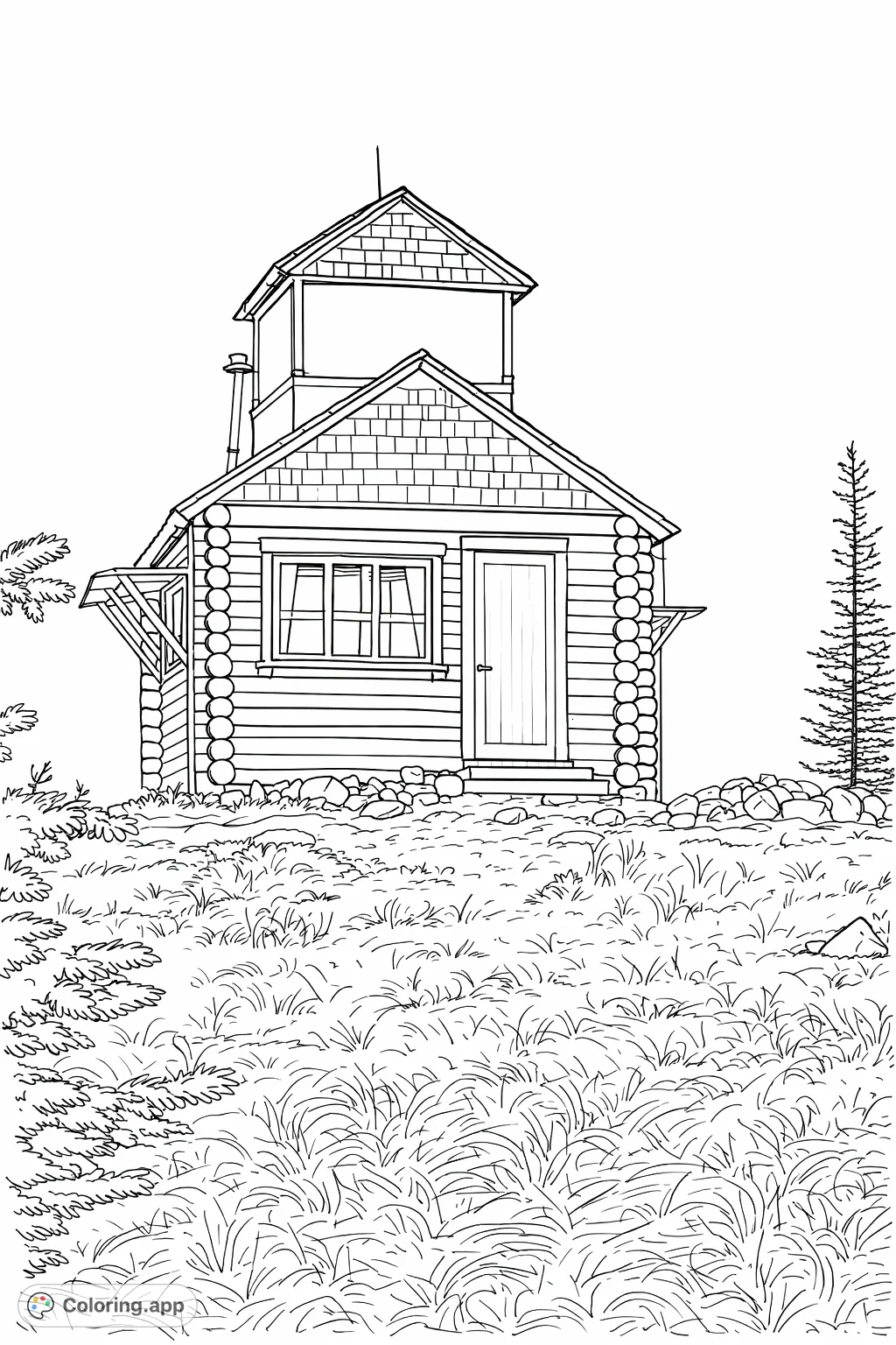 Discover a rustic mountain lookout cabin on a grassy peak, complete with textured logs, shingled roofs, and scenic surroundings. A detailed nature and architecture coloring page.