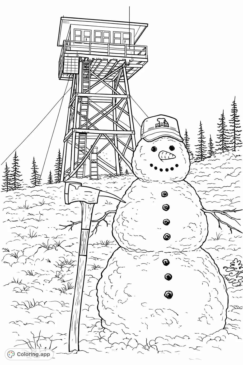 Explore a snowy mountain scene featuring a charming snowman with an axe and a tall fire lookout tower. A delightful winter design for creative coloring.