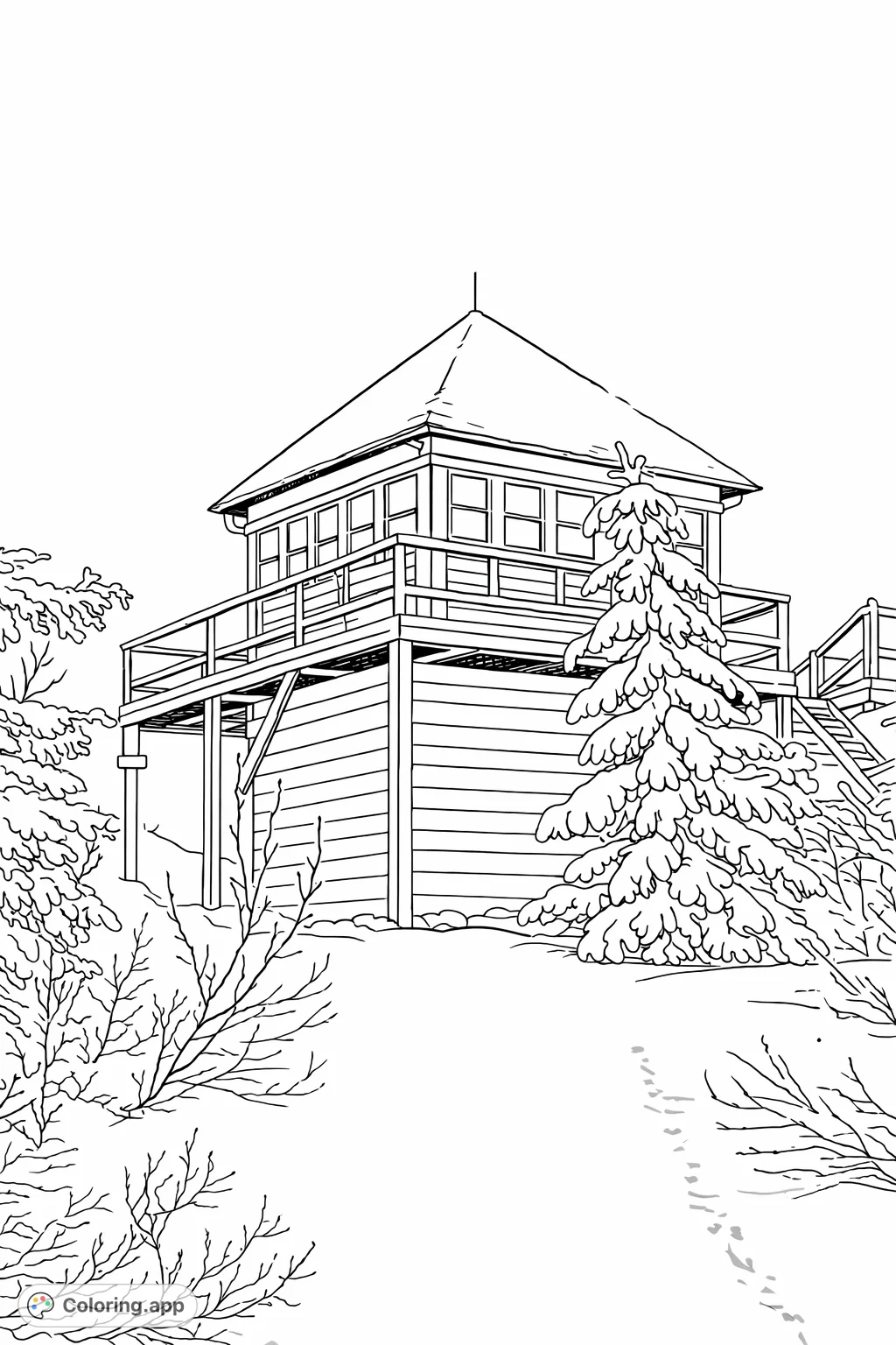 Color a serene winter scene featuring a charming lookout tower nestled amidst snow-covered evergreen trees and quiet mountain landscape. A peaceful, frosty escape.