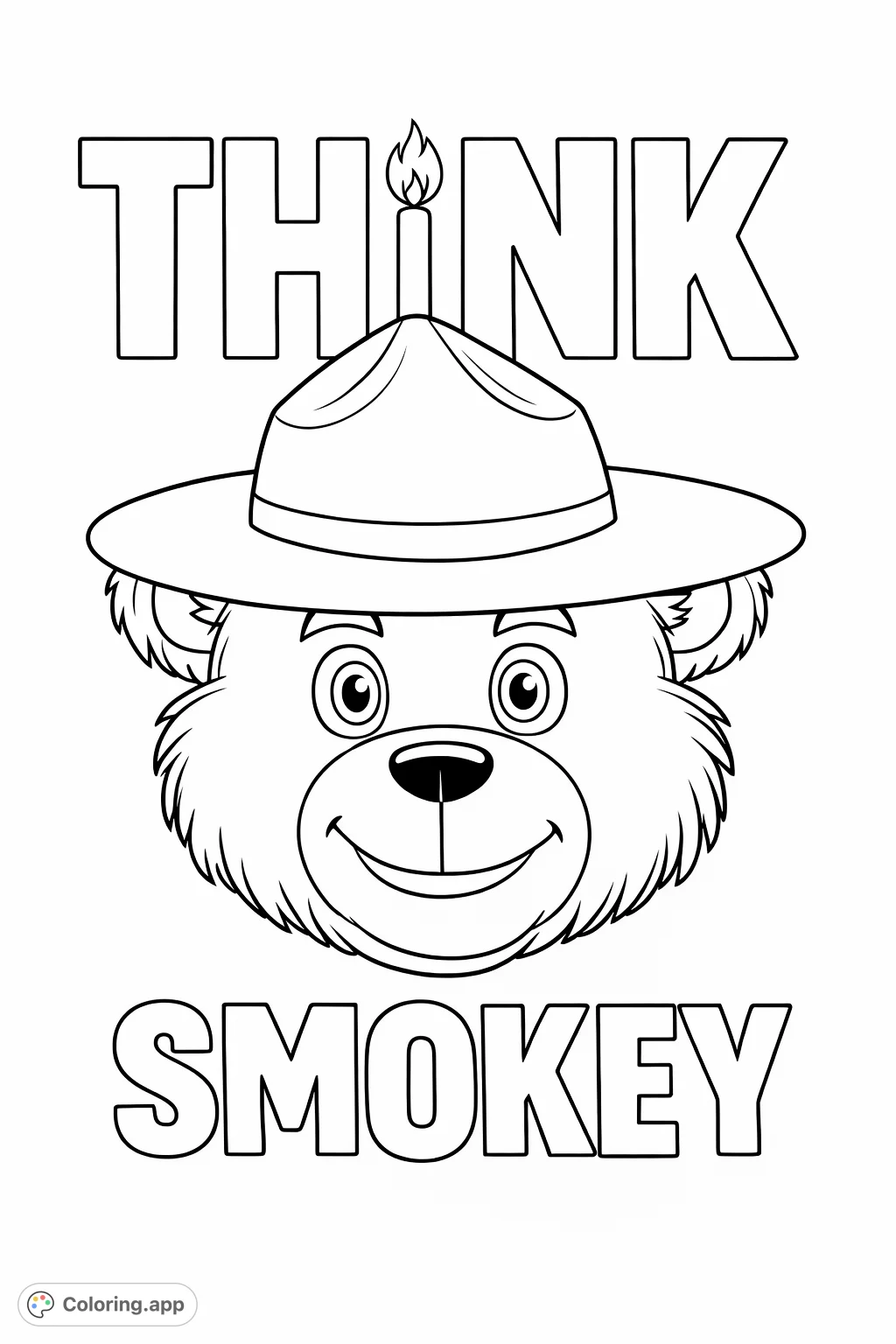 A powerful message from Smokey Bear! Color this iconic character with his hat and the "Think Smokey" text, promoting fire prevention and environmental care.