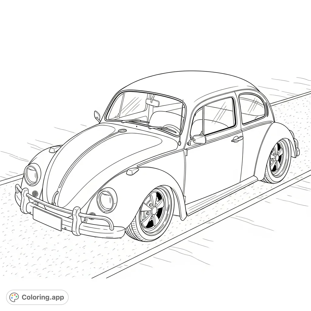 Color a classic Volkswagen Beetle from a top-rear view, featuring custom wheels, lowered suspension, and a textured road background.