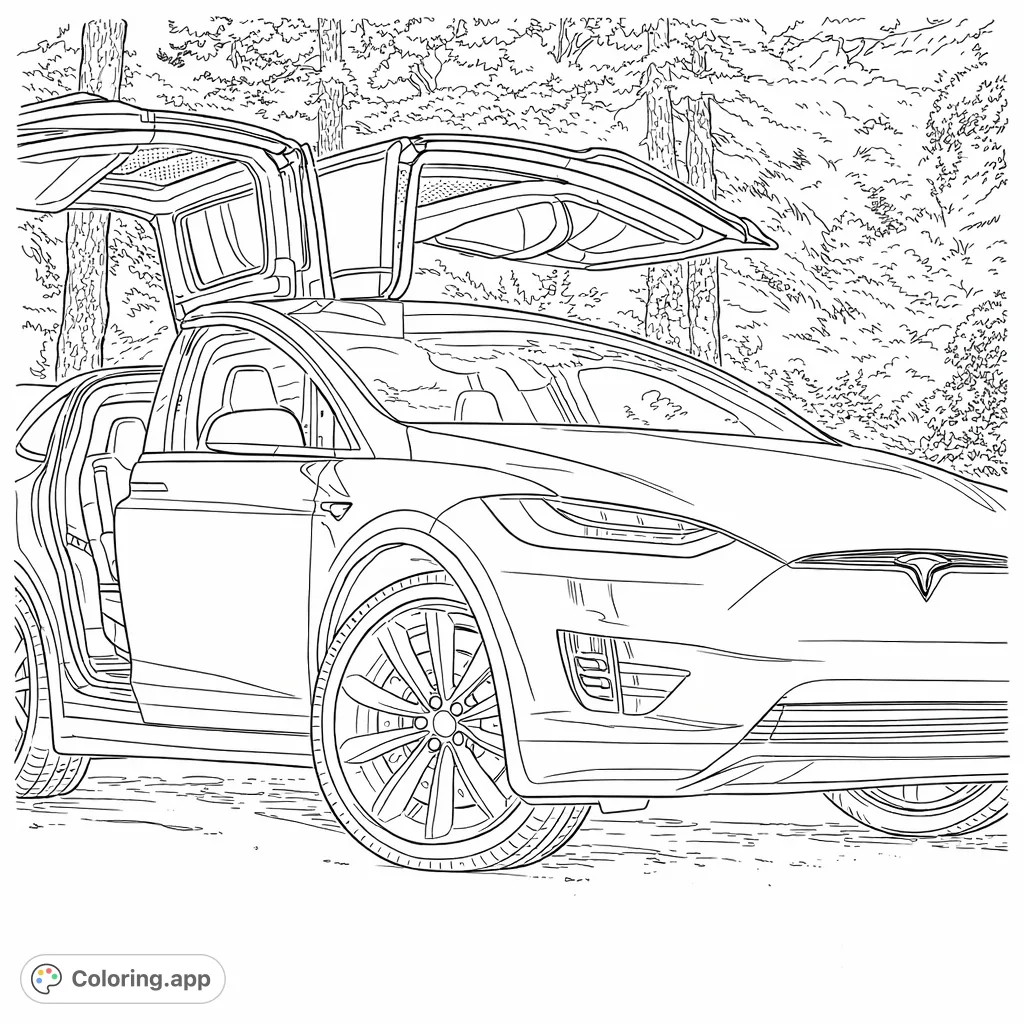 Unleash your creativity with this electric vehicle coloring page, featuring a modern car with open falcon doors and a natural outdoor setting.