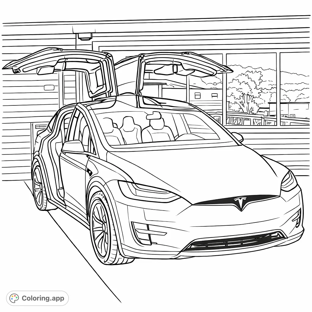 Color a sleek, modern SUV with unique falcon-wing doors open, parked in front of a building. This detailed automotive coloring page offers a sophisticated challenge for car enthusiasts.