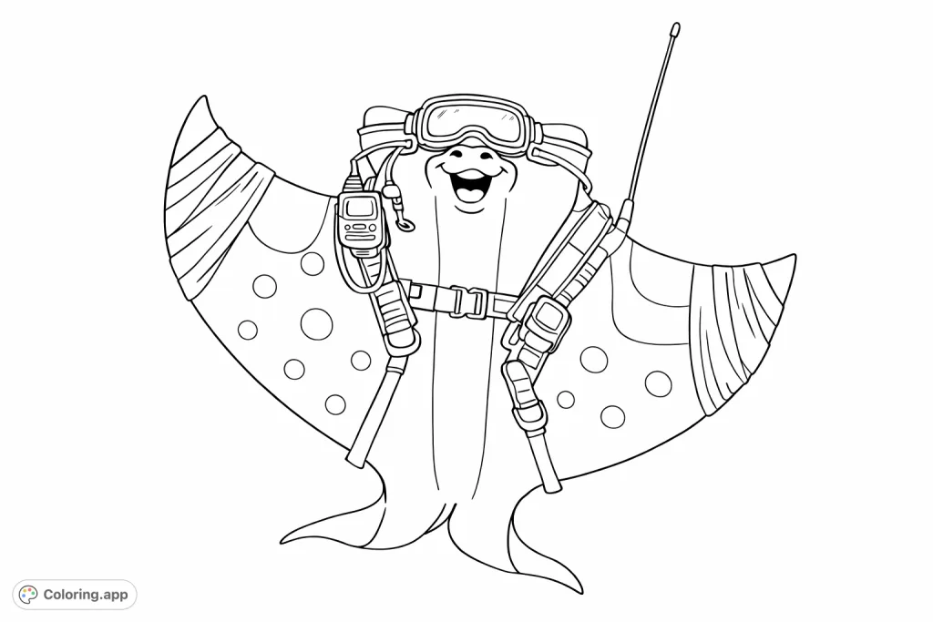 Color this cheerful manta ray explorer, complete with goggles, backpack, and bandages! A fun adventure awaits on this free printable coloring page.