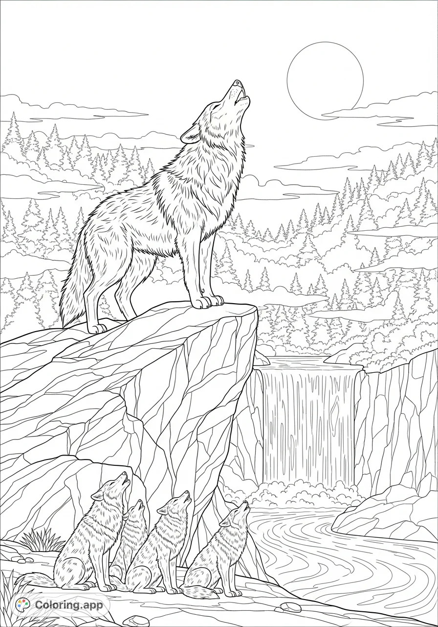 A majestic alpha wolf howls under a full moon from a towering rock, as its pack joins in beneath, surrounded by a dense forest and a distant waterfall.