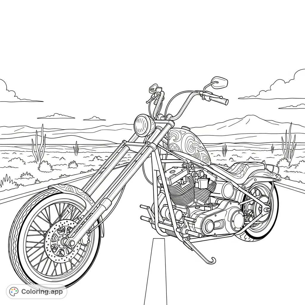 A powerful chopper motorcycle cruises down an open highway on an epic road trip, ready for your creative touch and detailed coloring.