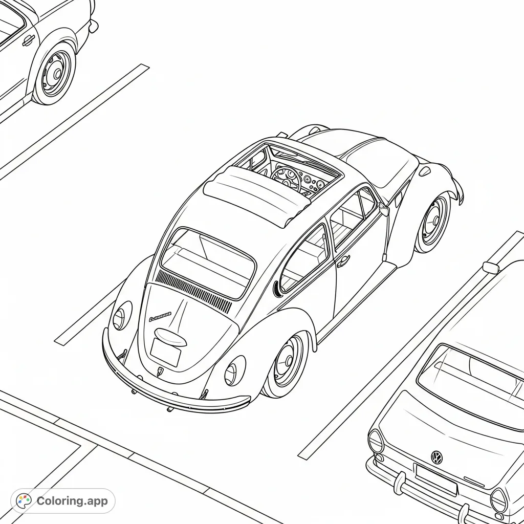 An aerial view of a classic Volkswagen Beetle with custom details like a sunroof, lowered suspension, and wide rear rims. Perfect for car enthusiasts!