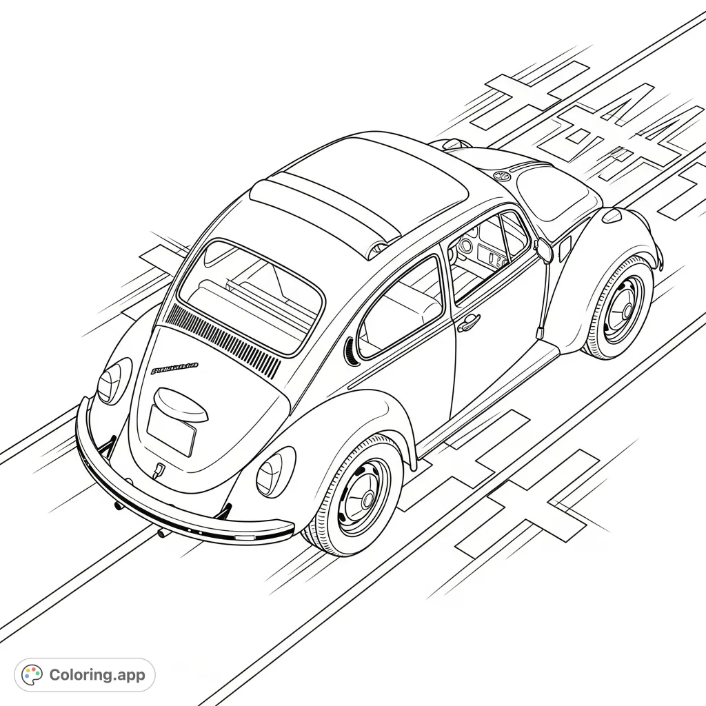 Color a classic Volkswagen Beetle from an aerial view, featuring rounded fenders, sunroof, and wider rims on a detailed road intersection. A fun, free printable coloring page.
