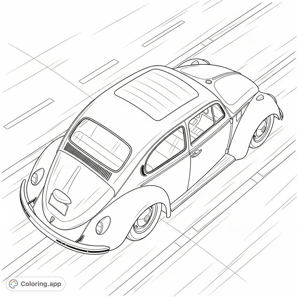 Color a classic rounded fender automobile, evoking a Volkswagen Beetle, from a unique top-rear perspective, featuring a lowered stance and road details.