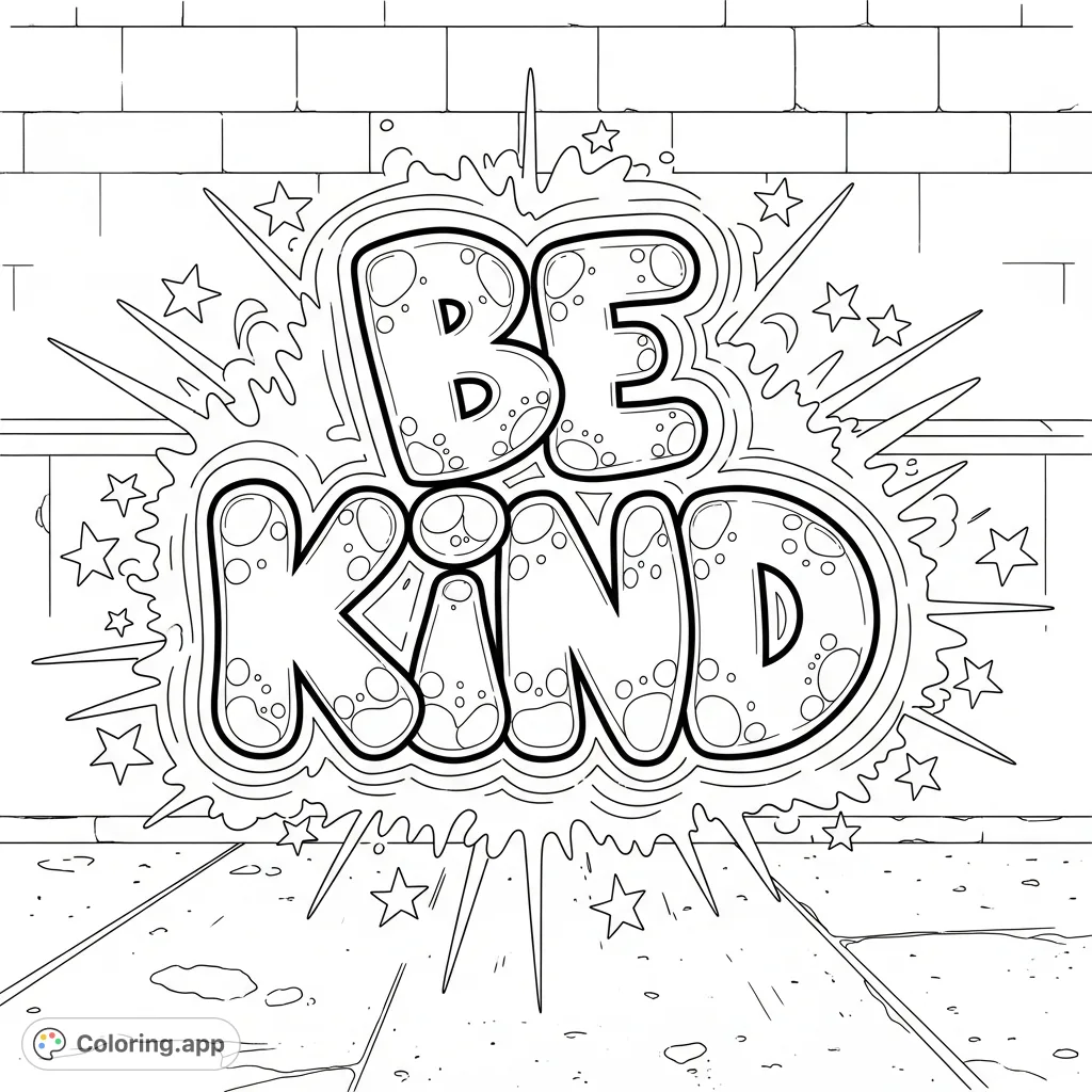 Color 'BE KIND' in dynamic bubble letters, featuring graffiti-style forms, internal patterns, radiating flourishes, and an urban background. A positive message coloring page!