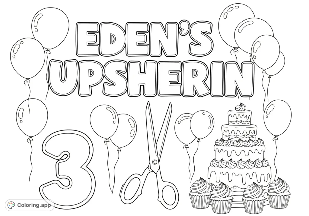 Celebrate Eden's Upsherin with a festive scene featuring stylized text, open scissors, a prominent '3', balloons, a multi-tiered cake, and cupcakes for a joyous occasion.