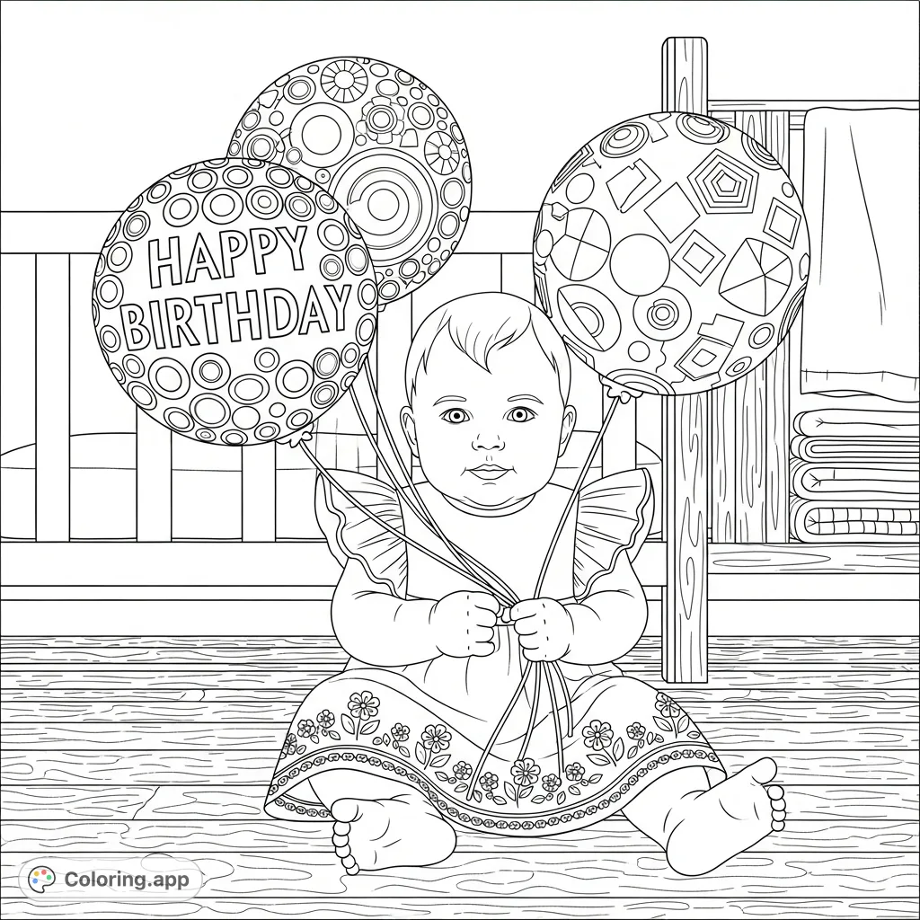 A cheerful baby celebrates, holding two patterned spheres—one with "Happy Birthday" text—amidst a cozy nursery setting with crib slats and folded fabrics.