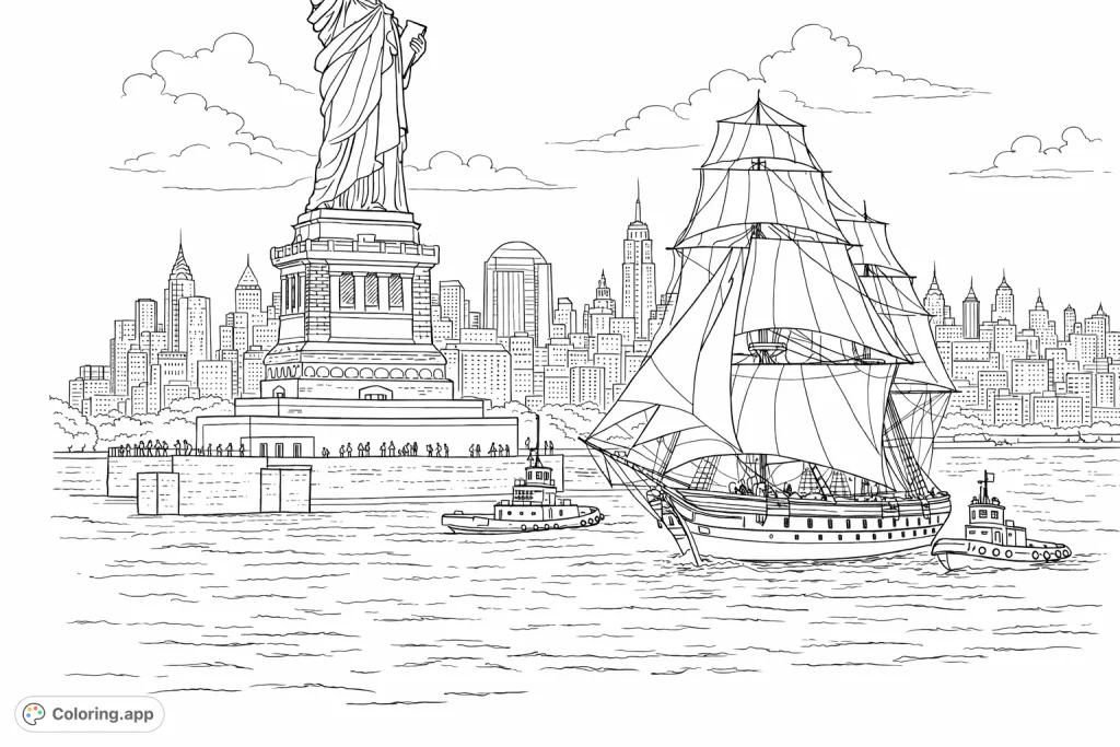Experience a grand harbor scene featuring the iconic Statue of Liberty, a bustling cityscape, and a majestic tall ship, offering a dynamic view of a historic waterfront.