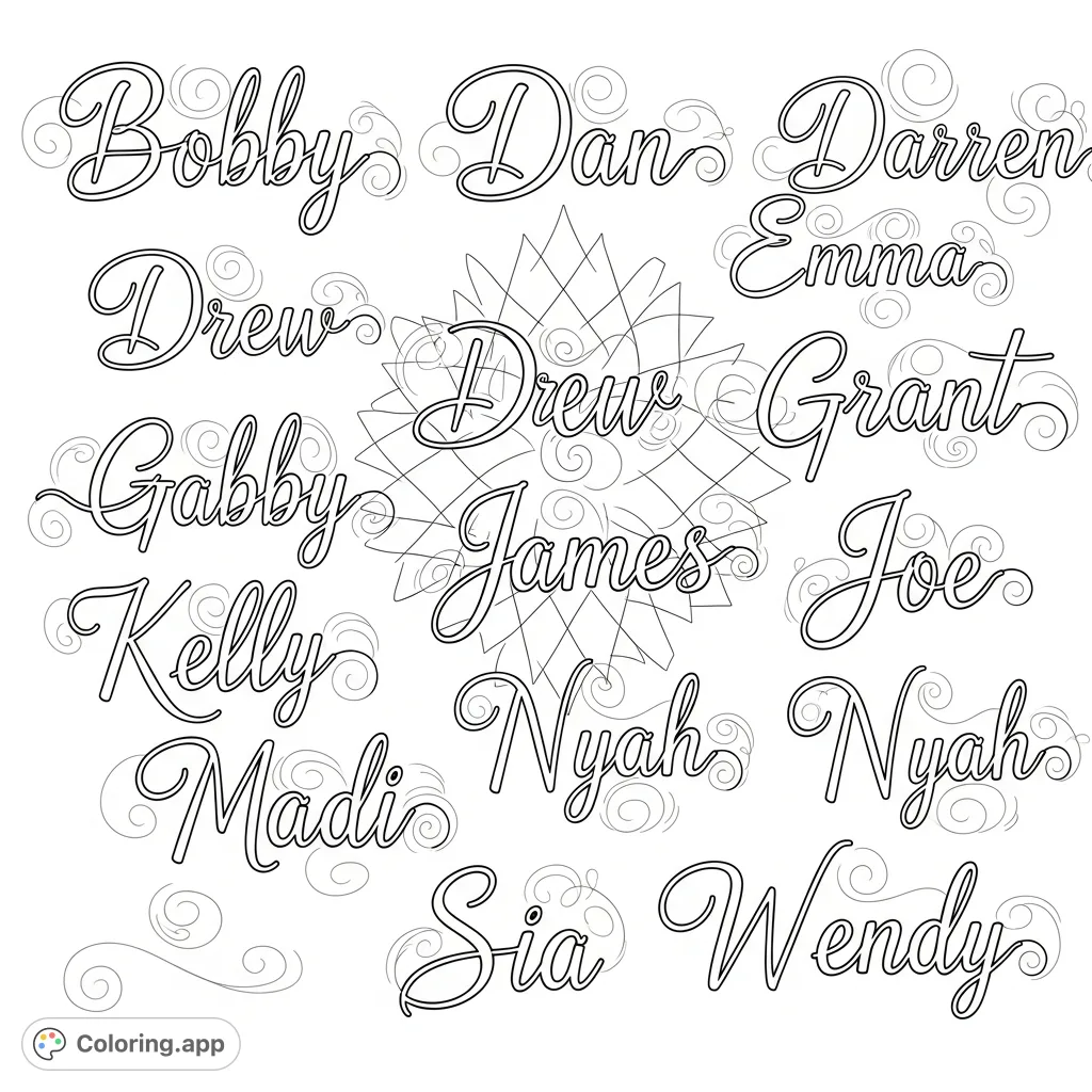 Explore fifteen beautifully crafted names, including Bobby, Emma, and James, presented in an elegant cursive script, perfect for practicing handwriting and creative coloring.