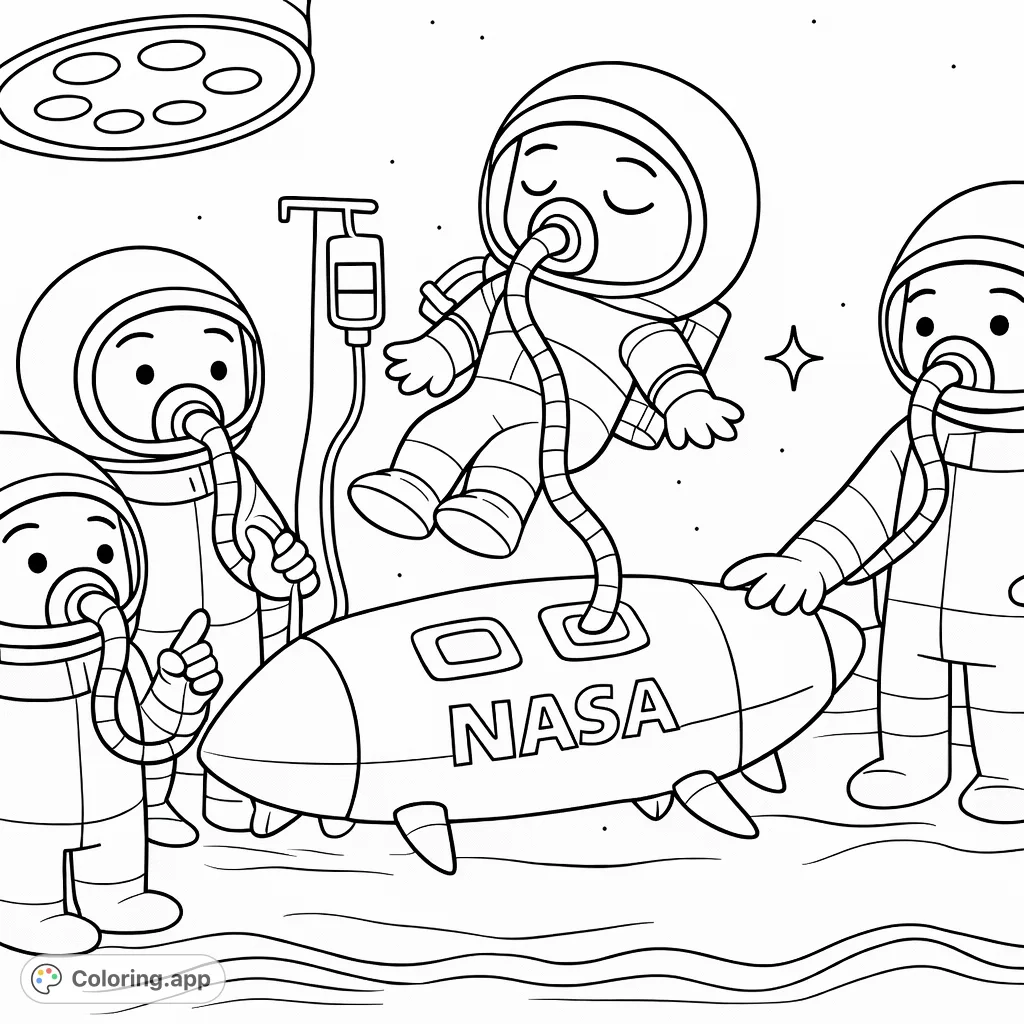 Join a whimsical space squad assisting a floating astronaut connected to a rocket, surrounded by a starry cosmos. A fun, imaginative space adventure coloring page.