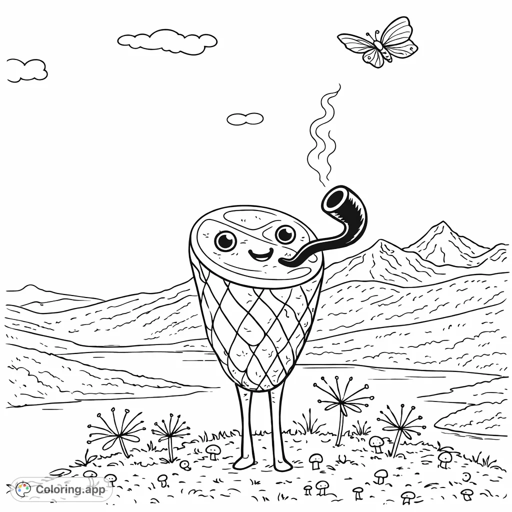 Color a peculiar cone-shaped character with a pipe in a serene mountain and forest setting, complete with a flying butterfly and unique flora.