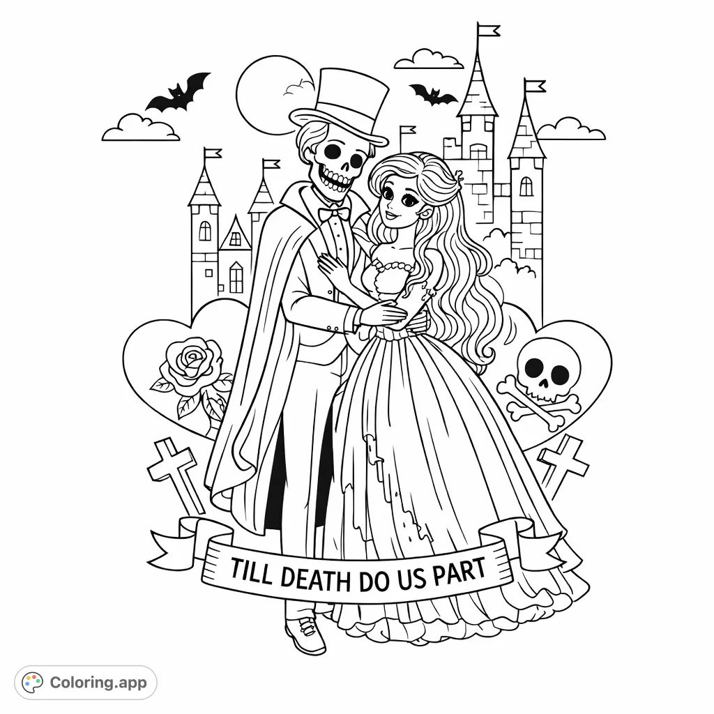 Embrace eternal love with this gothic wedding coloring page. Features a skeletal groom, vampire bride, and a spooky castle, perfect for a unique romantic twist.