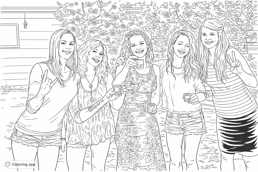 Gather with friends for a fun outdoor celebration! This detailed coloring page features five smiling women enjoying a casual moment together amidst a garden setting.