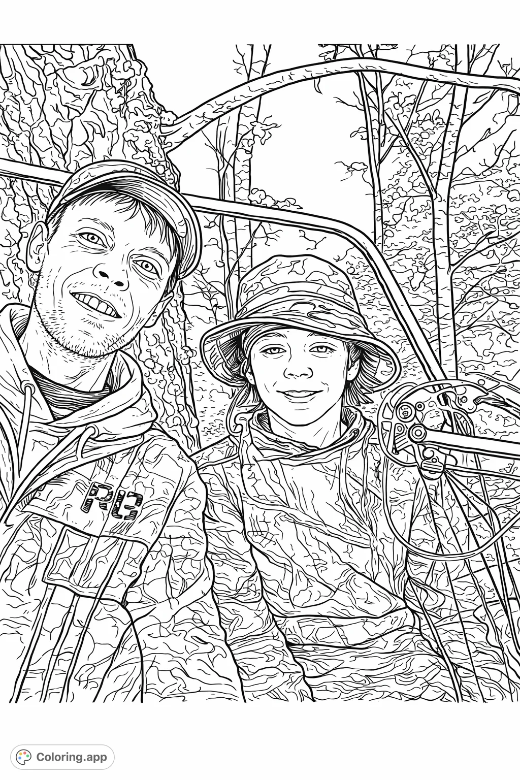 A father and son duo in camouflage attire, seated in a tree stand with a bow, ready for a woodland adventure. Perfect for outdoor enthusiasts.