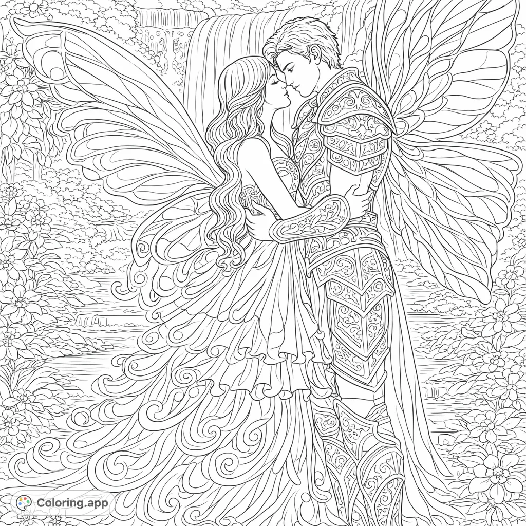 Immerse yourself in a magical realm with this enchanting fairy couple coloring page. Features intricate wings, ornate armor, and a lush waterfall setting for a whimsical escape.