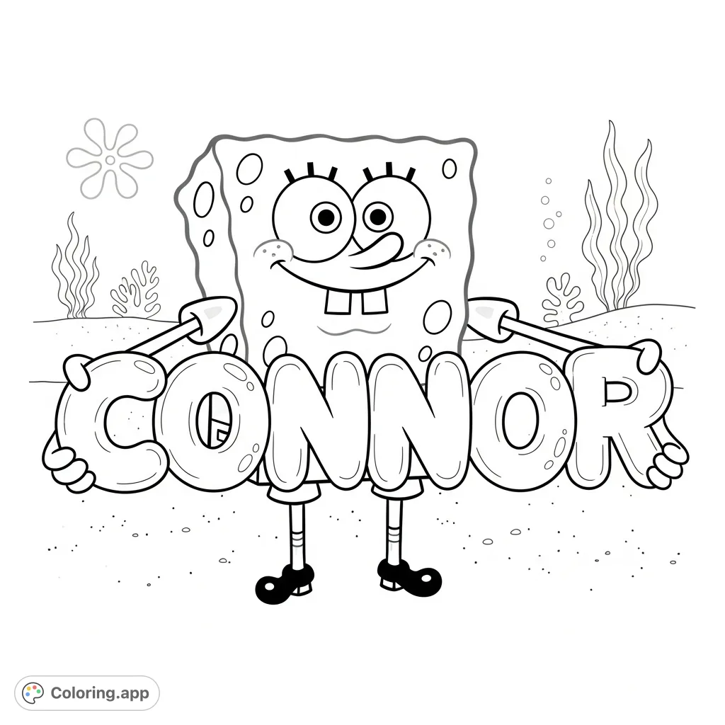 A delightful SpongeBob SquarePants coloring page featuring him cheerfully holding personalized bubble letters spelling "CONNOR" in an underwater setting. Fun for all!