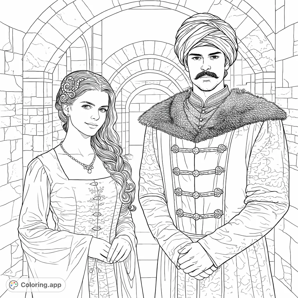 A regal couple in elaborate historical attire stands within an arched hallway. Detailed costumes, elegant jewelry, and a striking backdrop await your artistic touch.