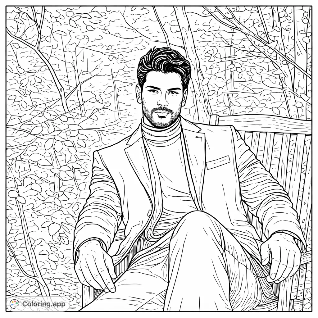 Capture a distinguished man seated thoughtfully on a wooden bench amidst a dense backdrop of trees. A sophisticated portrait for detailed coloring.