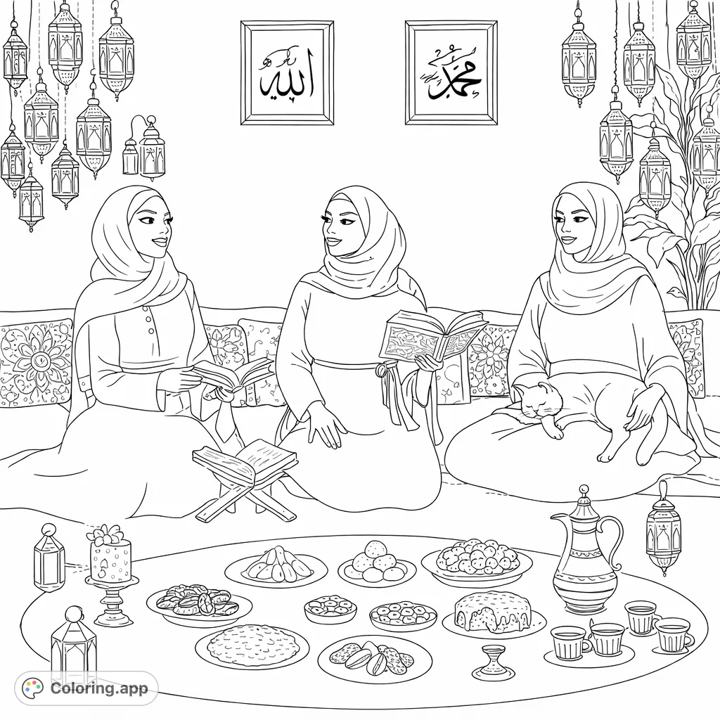 A detailed Ramadan gathering coloring page, featuring three figures, a table with many dishes, and festive lanterns, perfect for cultural exploration.