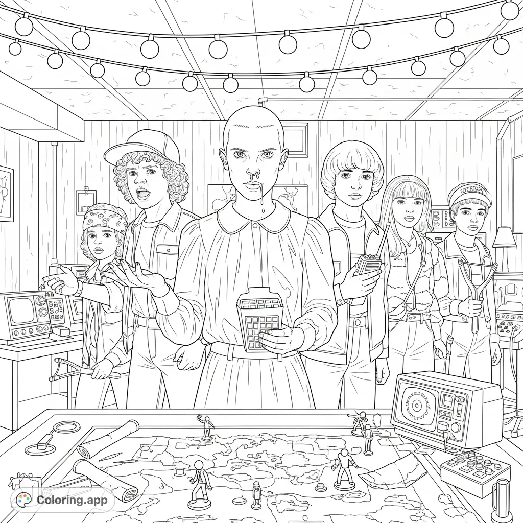 Join Eleven, Dustin, Mike, Lucas, and Will in their basement hangout. A nostalgic Stranger Things coloring page for fans of all ages.