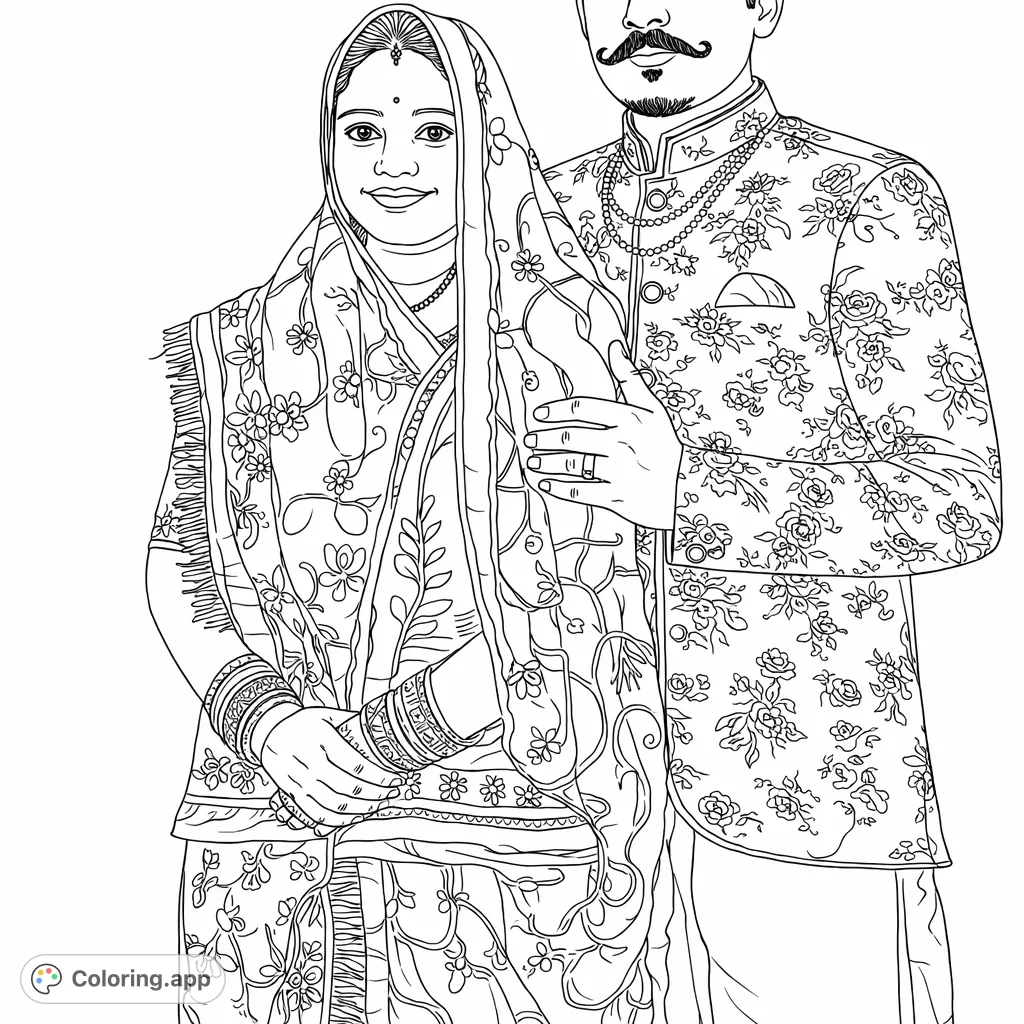 A traditional Indian couple, beautifully adorned in intricate attire, stands together. Perfect for celebrating cultural richness with this free printable coloring page.