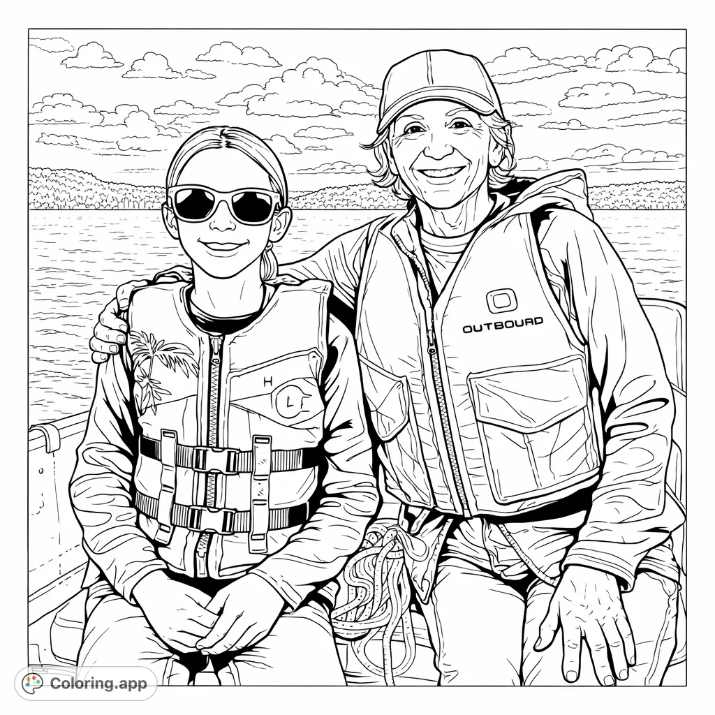 Enjoy a boat ride with two smiling figures wearing personal flotation devices. A scenic water background with distant land and clouds awaits your creative touch.