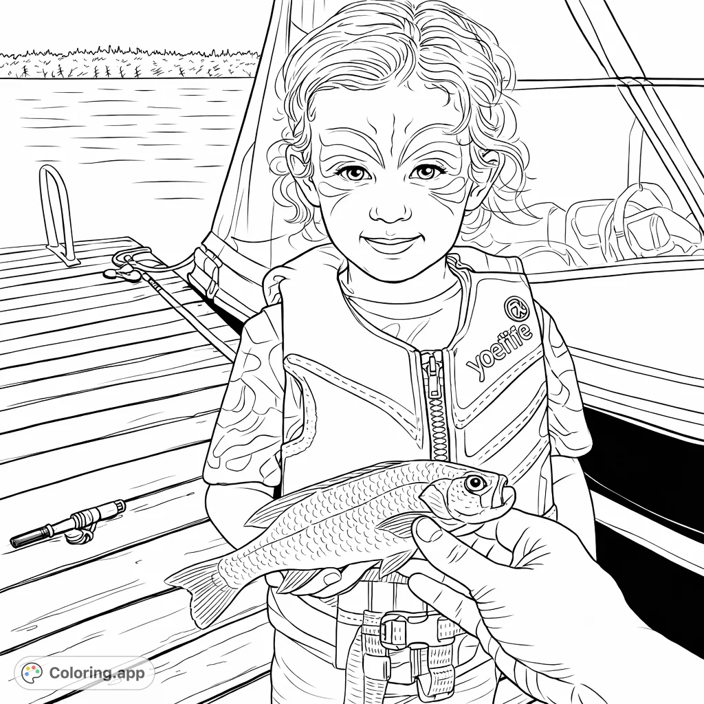 A delightful child in a life vest proudly holds a freshly caught fish by a lake, with face paint adding a whimsical touch. Perfect for young anglers!