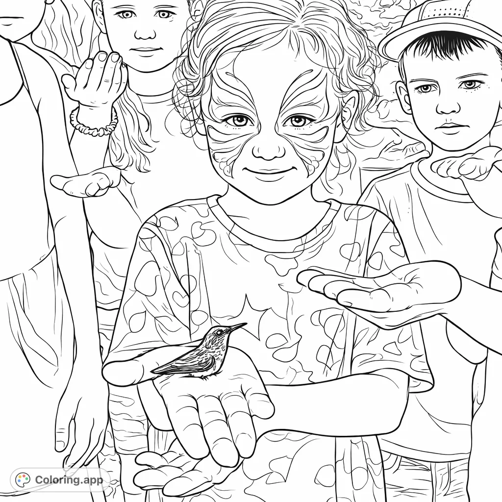A heartwarming child's gentle encounter with a tiny hummingbird. Features intricate face paint and a sweet expression amidst an outdoor setting.