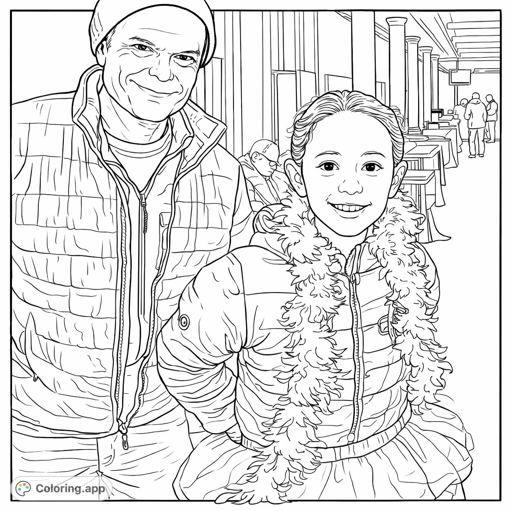 Capture a heartwarming scene of a man and a girl at an indoor event, featuring detailed quilted jackets, a fluffy boa, and a lively atmosphere.