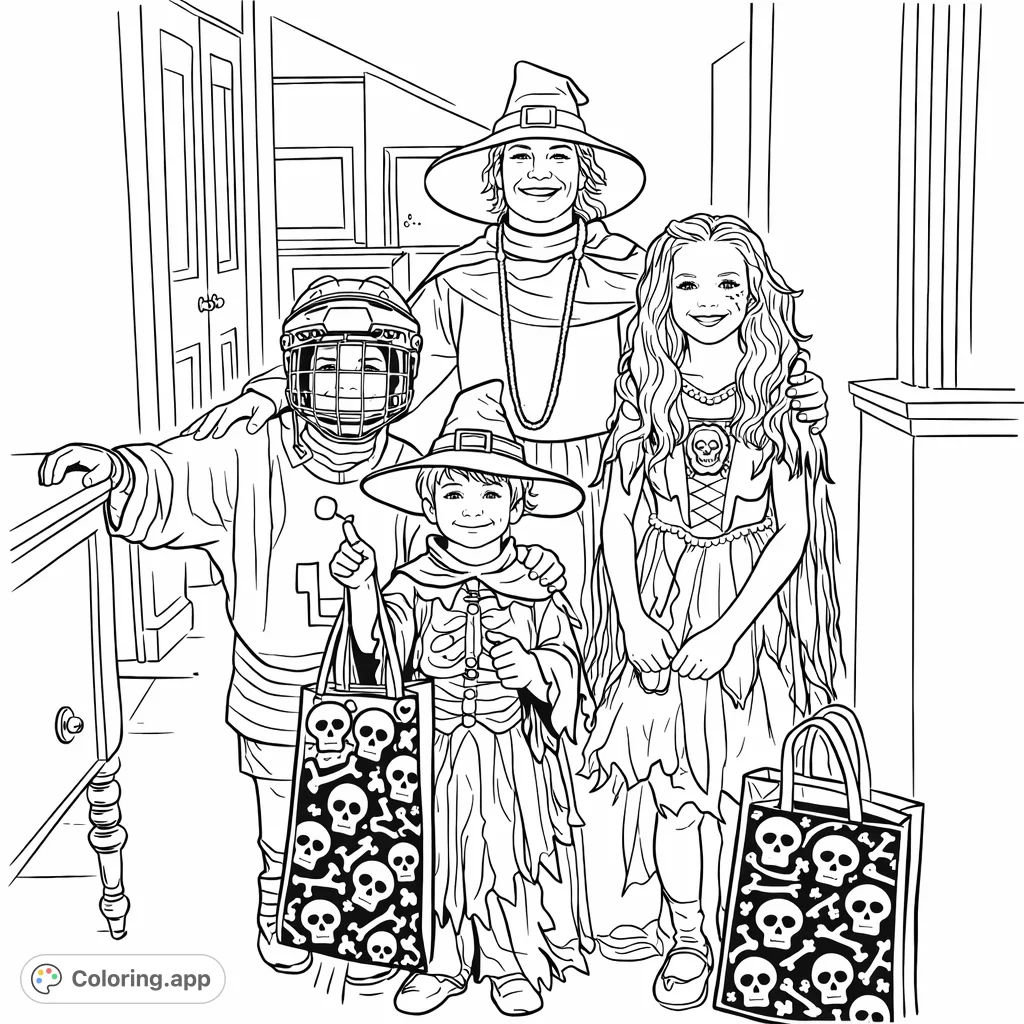 A fun-filled Halloween family coloring page featuring four individuals in their creative costumes: a hockey player, witches, and a vampire, ready for a night of trick-or-treating.