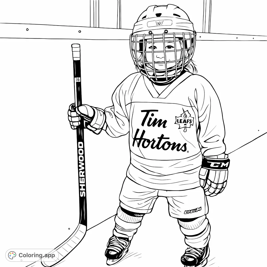 A charming coloring page featuring a young child in full hockey gear, holding a stick at an indoor rink. Perfect for sports enthusiasts and aspiring athletes.