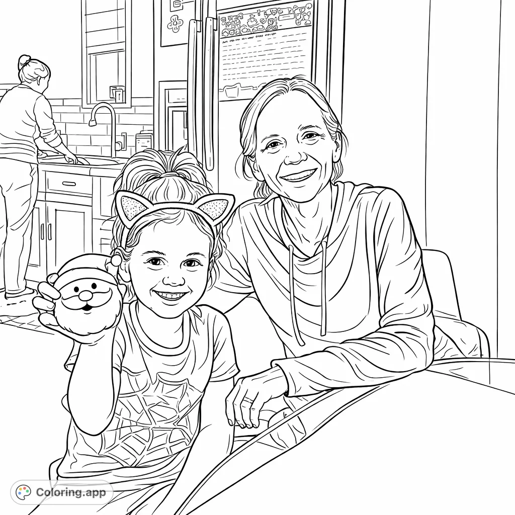 A heartwarming scene of a young girl proudly showing her Santa-shaped treat alongside a smiling older woman, perfect for family-themed coloring fun.