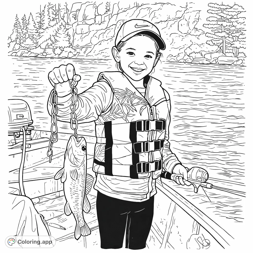 A joyful child in a life vest, proudly displaying a freshly caught fish while holding a fishing rod in a boat on a lake surrounded by rocky shores and trees.