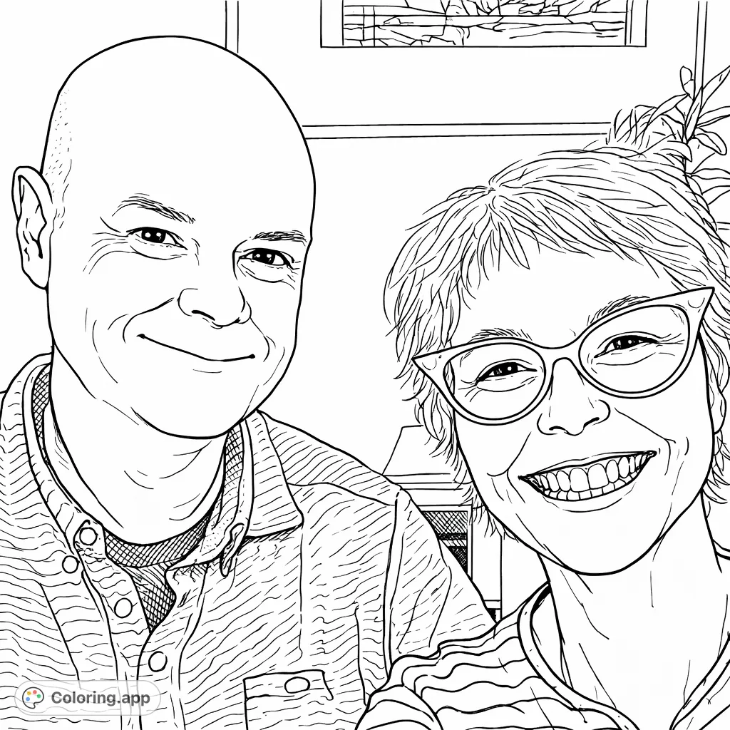 A heartwarming portrait of a smiling couple, perfect for personalizing with your favorite hues. Features distinct facial expressions and clothing textures.