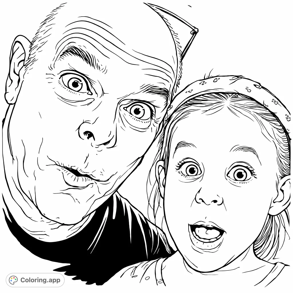 Capture the joy of funny faces with this delightful coloring page featuring an adult and child making expressive, humorous poses. Perfect for a giggle!