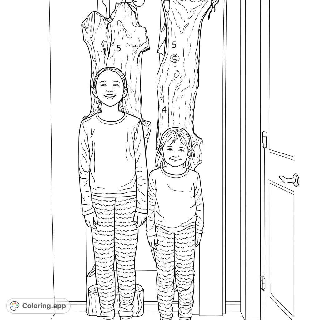 Capture a sweet moment with this sisters coloring page. Features two girls standing beside textured wooden growth charts with intricate patterns.